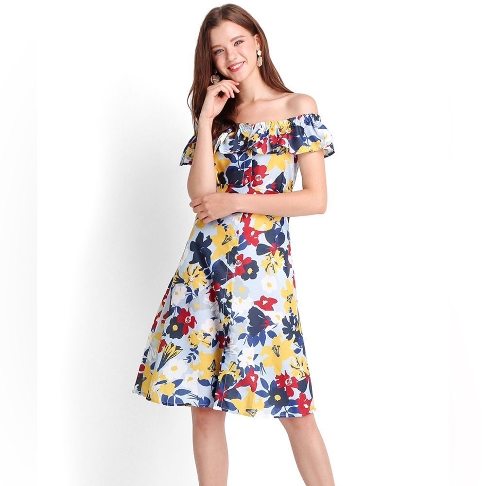 ZARA Floral Print Off The Shoulder Linen Blend Midi Dress Blue Multicolor XS